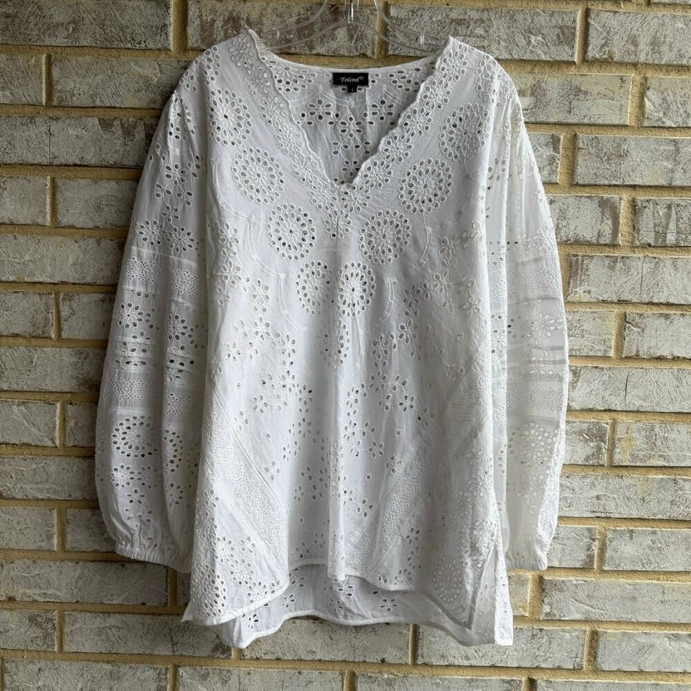 TOLANI 3/4 Sleeve V-Neck 100% Cotton Eyelet Sheer White Blouse Women's Size L.
